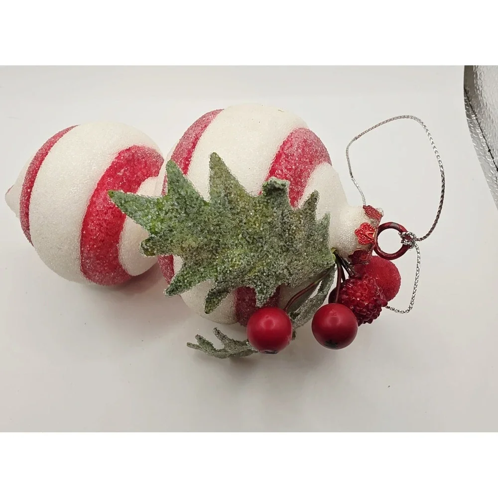 2 pc Red & White Peppermint Striped Shatterproof Sugared Teardrop Xmas Ornaments